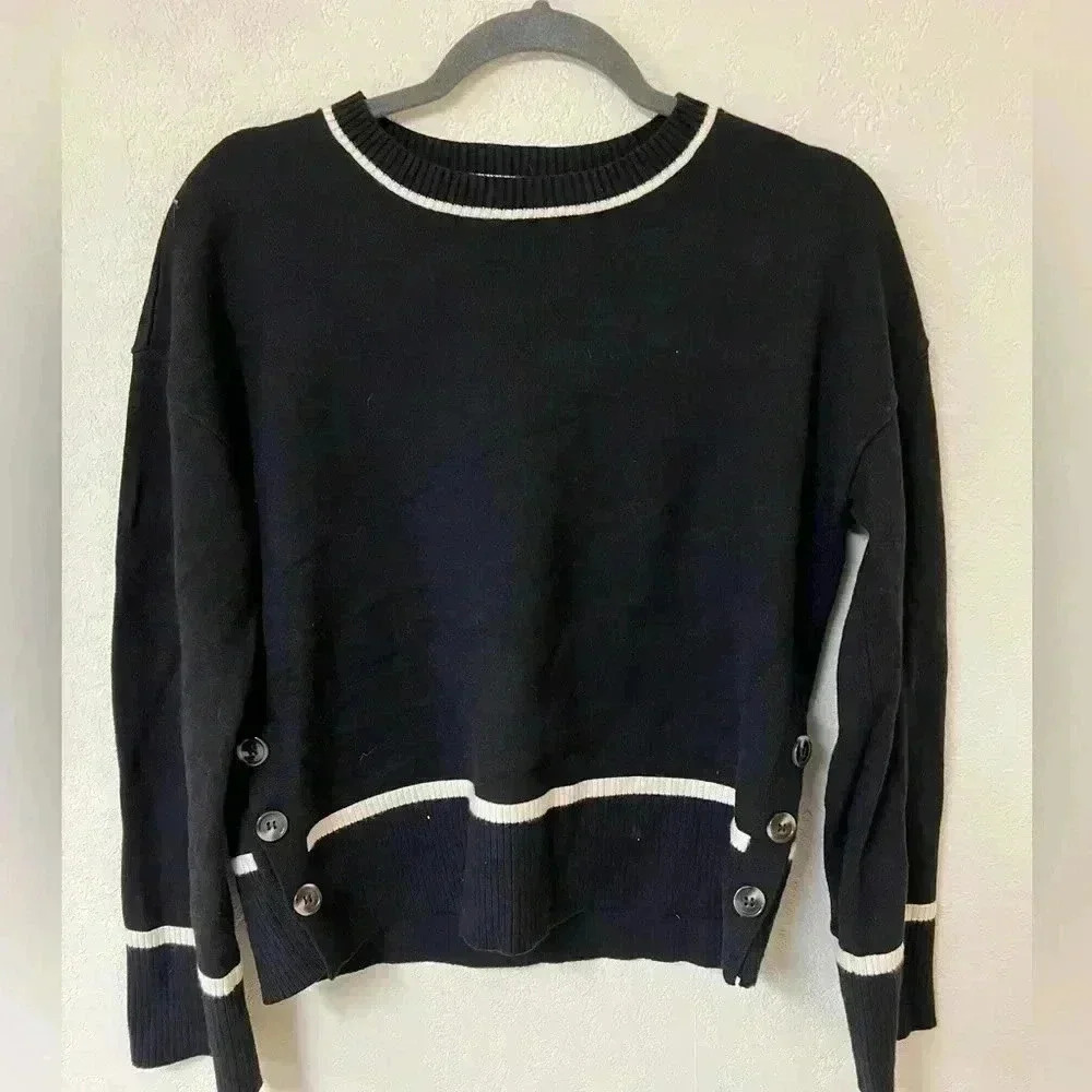 Black Sweater Cream Trim Button Detail Sweater size small